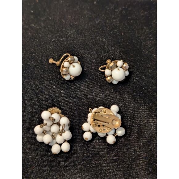 Two Pair Vintage Milk Glass Beaded Earrings One Screw On & One Clip On - Picture 3 of 5